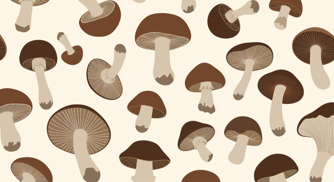 Seamless texture of various brown mushrooms with different shapes and gill patterns on a light beige background for autumn or culinary themes.