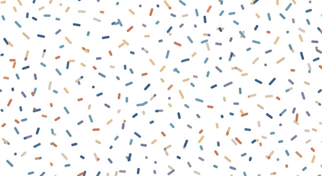 Abstract confetti pattern made of short colorful dashes in blue brown and tan shades scattered randomly across a bright white background space.