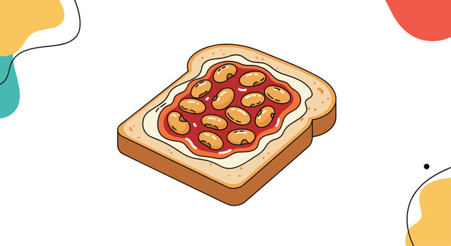 Isometric illustration of a slice of toasted bread topped with a layer of cream and baked beans in tomato sauce on a white background with blobs.
