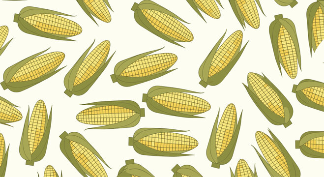 Seamless pattern of yellow corn on the cob with green husks scattered across a pale cream background for a cheerful agricultural design theme.