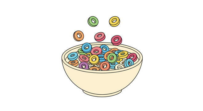 Colorful fruit flavored loop cereal pieces falling into a ceramic breakfast bowl against a clean white background in a cute illustrated style.