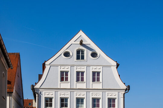 Ornate historic gabled house facade in the old town of Friedberg Bavaria Germany, Deutschland, Friedberg, 07.03.2026