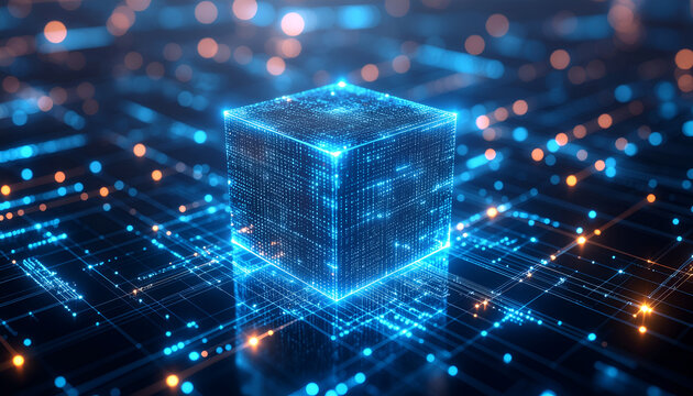 Futuristic glowing blue digital cube on a circuit board background, concept of quantum computing, blockchain, and big data processing.