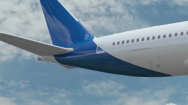 Passenger airplane descends across cloudy overcast sky with turbine engine close-up and side fuselage highlighted in flight