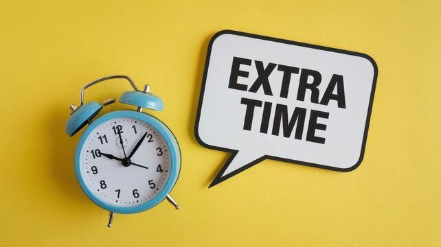 Vibrant photo of Extra Time concept with blue alarm clock and speech bubble on a vibrant yellow background