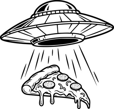 Flying Saucer Abducting Delicious Pepperoni Pizza Slice with Dripping Cheese White Background