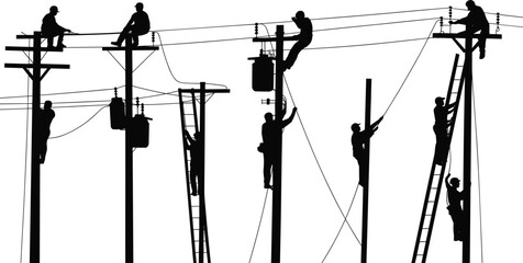 Silhouettes of workers repairing and maintaining utility poles and power lines with ladders and tools 1 © Frd Art