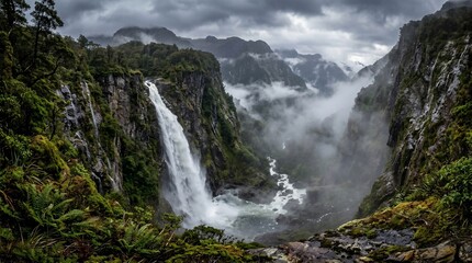 Obraz premium Majestic Waterfall Cascading Through Lush Green Mountains Under a Dramatic Sky.