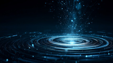 Abstract futuristic energy ripple with glowing particles and circular wave rings, digital quantum field or cosmic technology concept background
