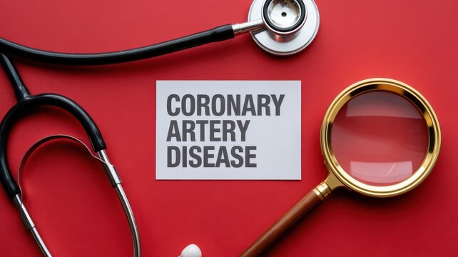 Vibrant photo of Card with "Coronary Artery Disease" text, stethoscope, and magnifying glass on a red background