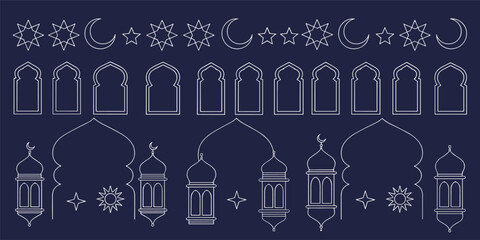 Islamic decorative crescent moon stars lanterns mosque domes © Siddhartha