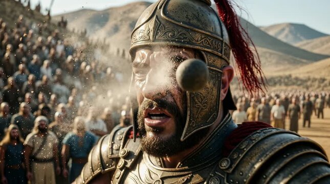 David Defeats Goliath, Young Shepherd David Defeating the Giant Philistine Warrior Goliath with a Sling and Stone in the Valley of Elah