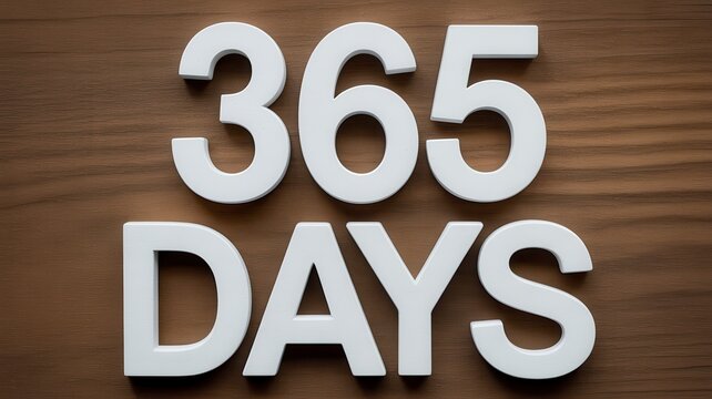 Vibrant photo of 365 Days message in white 3D letters on a natural wood surface