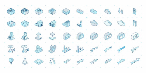 Isometric blueprint icons depicting futuristic buildings technology and spacecraft © Rahul