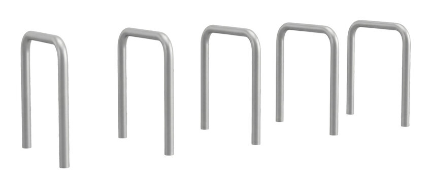 Row of silver metal U-shaped bicycle parking racks for urban infrastructure and eco-friendly transport, isolated on white and transparent background, PNG