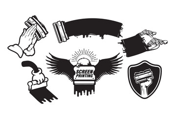 Vintage screen printing illustration set, vector squeegees with dripping ink, paint strokes, and printing tools. retro style badges and emblem elements with an eagle wings logo and shield symbol