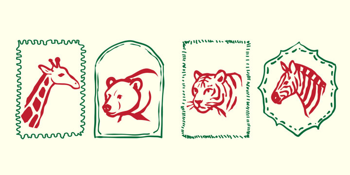 Vintage animal head decorative frames, vector hand drawn giraffe, bear, tiger, and zebra in vintage doodle style, simple lines and minimal colors isolated on white background