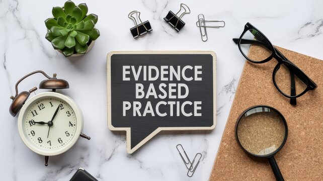 Vibrant photo of Evidence Based Practice sign with office supplies like a clock, glasses and magnifying glass on a marble desk