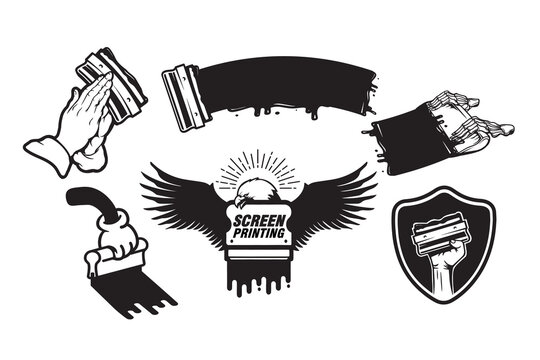 Vintage screen printing illustration set, vector squeegees with dripping ink, paint strokes, and printing tools. retro style badges and emblem elements with an eagle wings logo and shield symbol