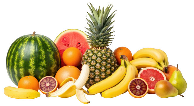 Assorted fresh fruits including watermelon and pineapple isolated on transparent background