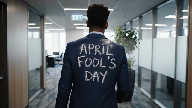 Man walking in office hallway with April Fool's Day message