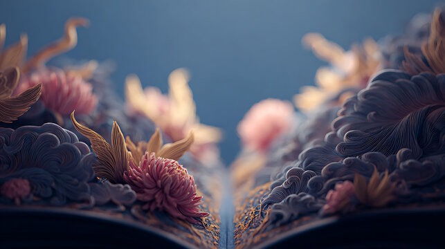 Macro Close Up of Floral Art Inside Holy Book Pages