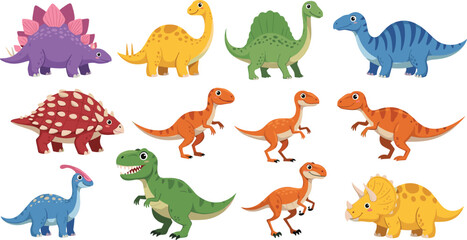 Cute dinosaur cartoon character set with T-Rex Triceratops Stegosaurus and Brachiosaurus collection for kids education nursery decor and prehistoric animal stickers isolated. © Halima