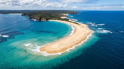 Obraz premium Stunning Aerial View of a Pristine Sandy Beach Curved by Turquoise Ocean Waters.