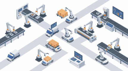 Obraz premium Isometric illustration of an automated factory with robotic arms, conveyor belts, and autonomous vehicles.