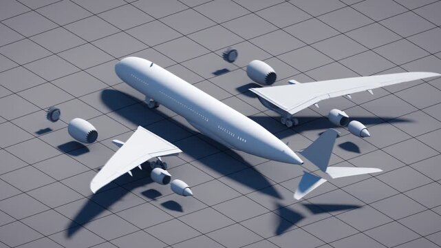 White passenger airplane on grid surface shown with detached engines and separated wing parts in technical perspective