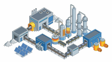 Fototapeta premium Isometric illustration of an automated industrial factory with solar panels, conveyor belts, and processing units, producing finished goods.