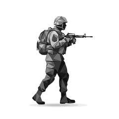 Soldier in Uniform with Rifle and Backpack, Polygonal Style, Walking Forward