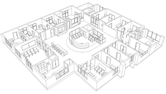 High Quality Black Line Art Modern Hospital Clinic Layout with Reception, Consultation Rooms and Functional Zoning, 3D Architectural Technical Drawing