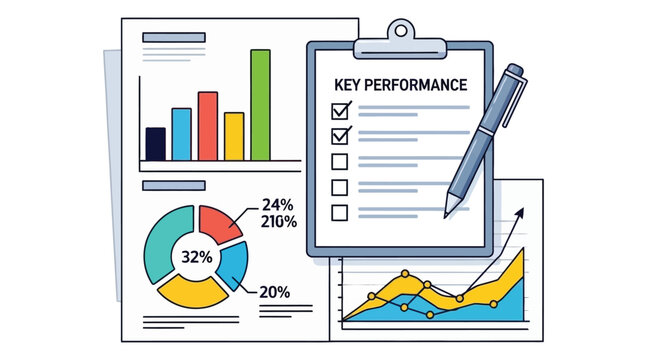 A collection of colorful business graphs and charts on a clipboard with a pen