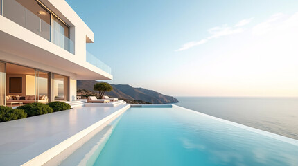 Fototapeta premium A modern, multi-level luxury villa features a striking infinity pool that merges with the calm sea. The minimalist white architecture, with floor-to-ceiling glass doors, opens to a spacious terrace wi