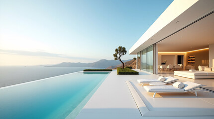 A modern luxury villa features a stunning infinity pool that merges seamlessly with the calm sea. The minimalist white architecture, with floor-to-ceiling glass walls, opens to a spacious terrace with