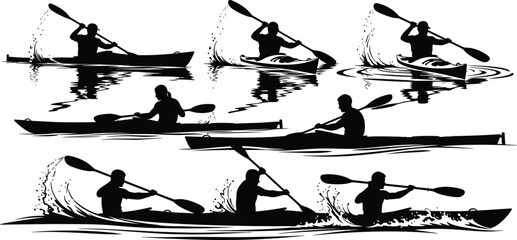 Kayaking and canoe paddling silhouettes collection with athletes rowing on water, outdoor adventure sport activity vector illustration set © Nayan Stock