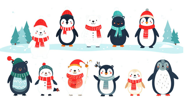 Adorable arctic animal characters group with penguin seal polar bear and walrus wearing winter accessories in a cute flat vector design