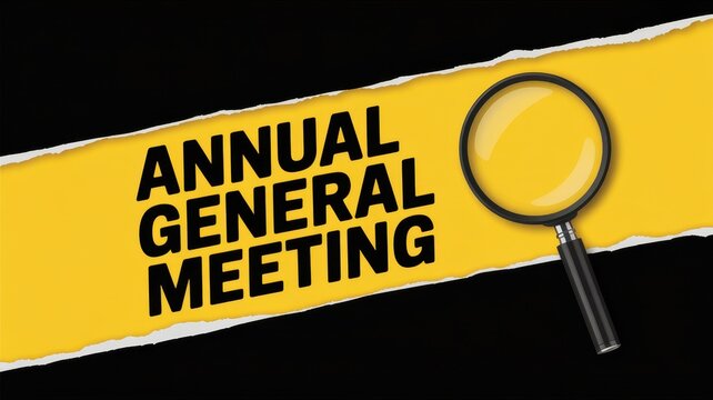 Vibrant photo of Annual General Meeting text on ripped yellow paper with magnifying glass on black background