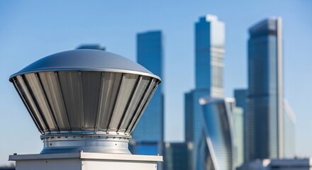 Fototapeta premium Metallic atmospheric air quality intake valve or chimney mounted on a commercial rooftop, among modern city skyscrapers