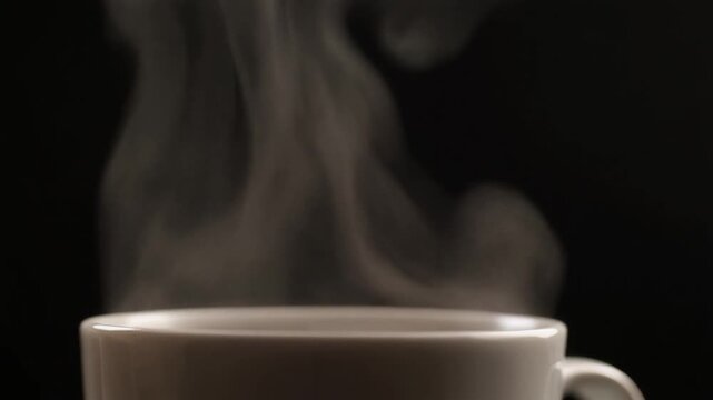 rising steam coffee macro motion, dark background