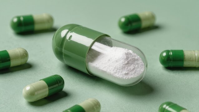 Green capsules spill onto a soft surface revealing white powder and showcasing the intricate details of the capsules and their contents