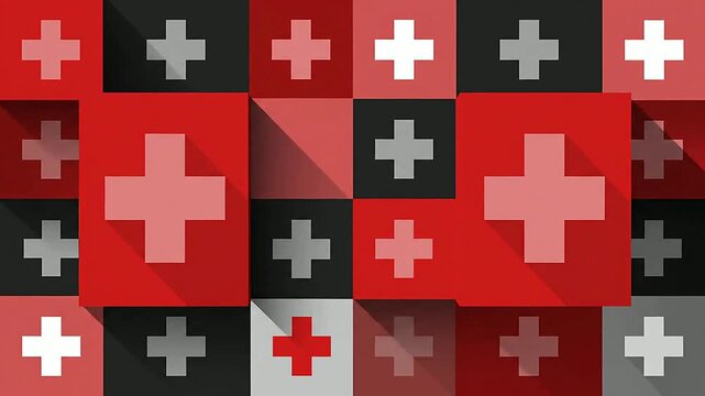 Close up of plus signs alternating colors in a pattern or Wide shot of plus signs rotating in a pattern