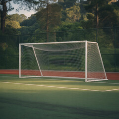Fototapeta premium Soccer goal on a green field with trees in the background on a sunny day