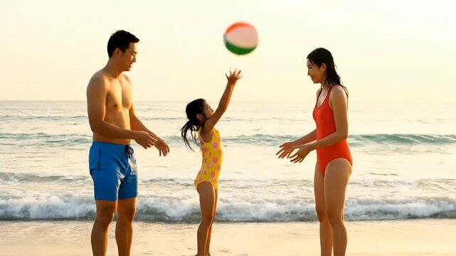 Wide-angle photo of a man, woman, and girl playing catch with a colorful beachball on a sunny beach beside gentle ocean waves