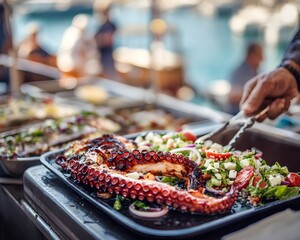 Obraz premium Exquisite Grilled Octopus with Fresh Mediterranean Salad, a Culinary Delight on a Digital Art Platter