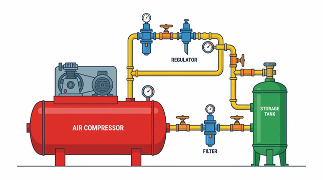 Diagram illustrating the components and flow of an industrial air compressor system with a storage tank, filter, and regulator.