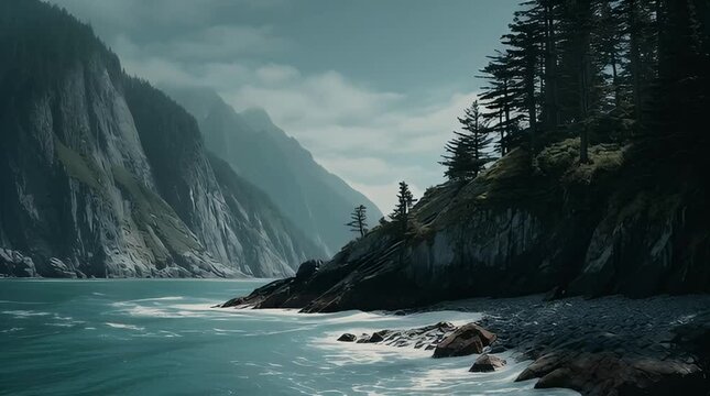 Waves crash on rugged shoreline surrounded by mountains and trees