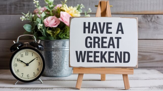 Vibrant photo of Decorative alarm clock next to a metal flower pot with a Have a Great Weekend sign
