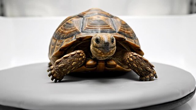 A detailed close-up of a tortoise on a gray surface.
